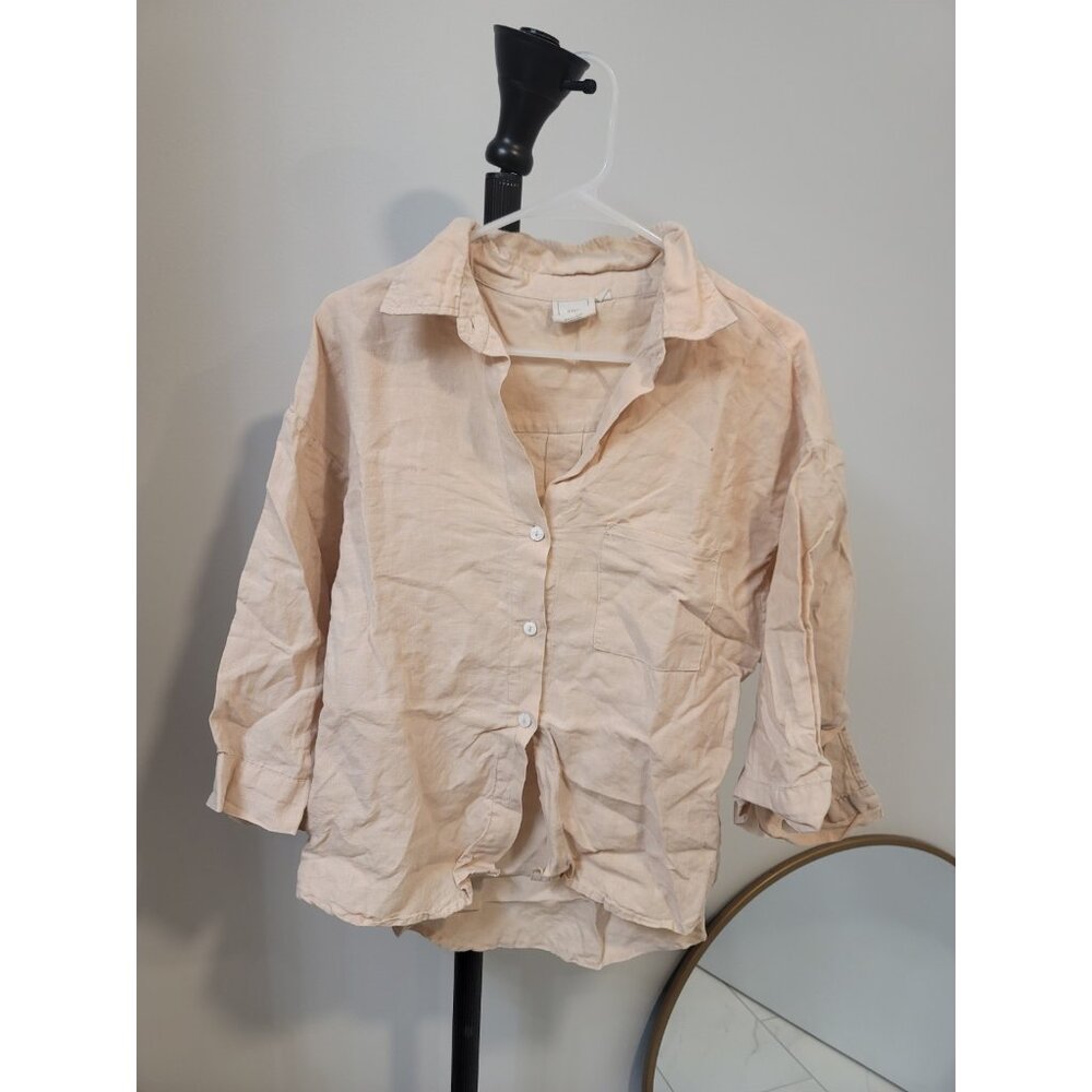 Deiji Studios Womens Button Front 3/4 Sleeve Cropped Shirt Pink Size S/M